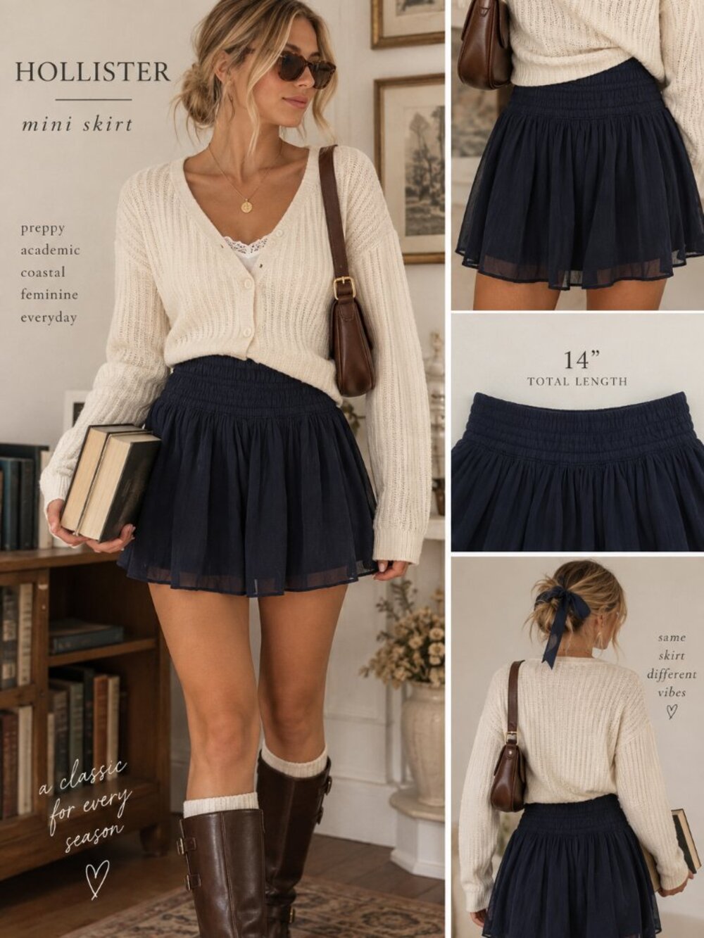Hollister Navy Flowy Mini Skirt S Smocked Waist Y2K Preppy Feminine Lightweight